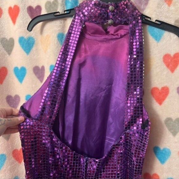 Bling Metallic High Neck Turtleneck Formal Evening Dress Purple - Picture 4 of 8
